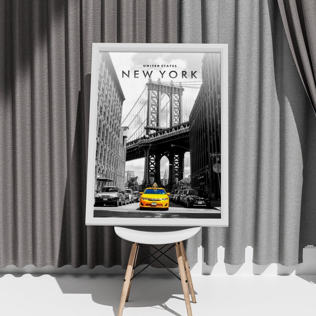 New York Yellow Taxi Poster, NYC Wall Art, Manhattan Bridge Print, Black White