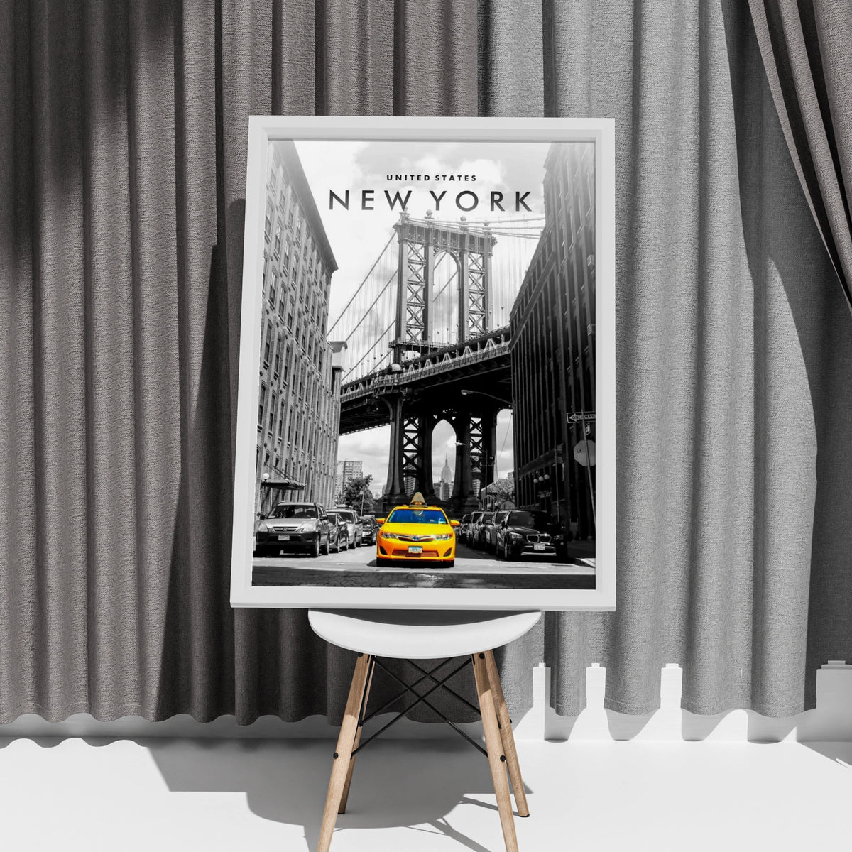 New York Yellow Taxi Poster, NYC Wall Art, Manhattan Bridge Print, Black White