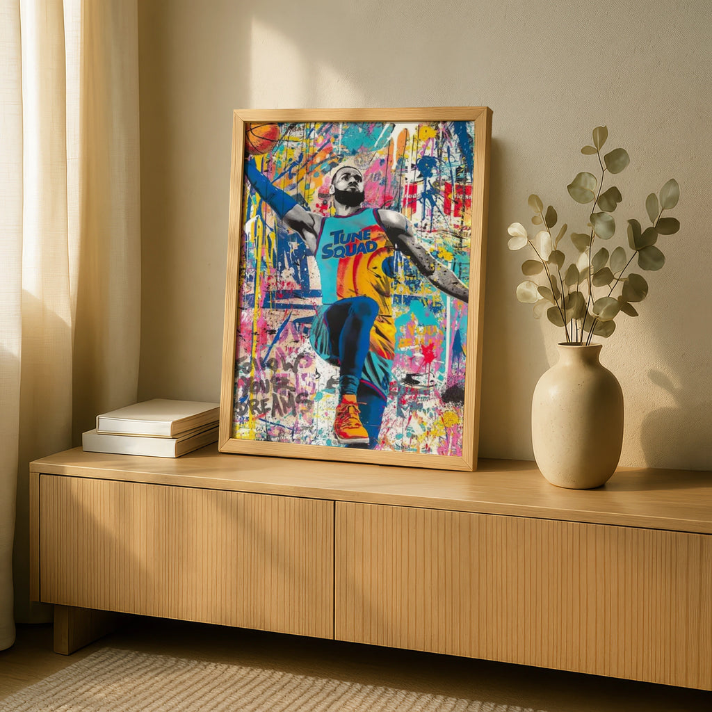 LeBron Tune Squad Pop Art Poster, Basketball Graffiti Wall Art, Sports Street Art Print