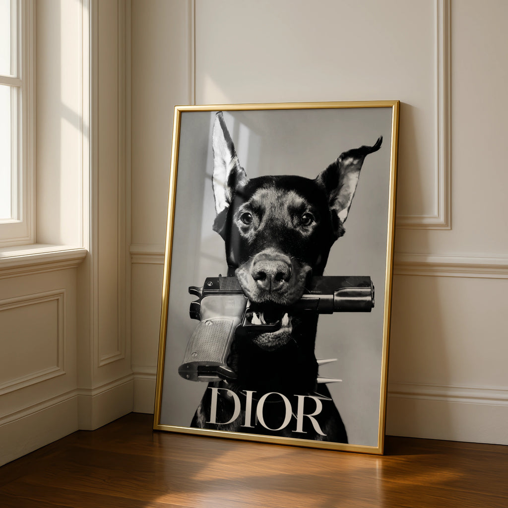 Doberman Dog Black White Photo Poster, Edgy Fashion Art Print, Bold Wall Decor