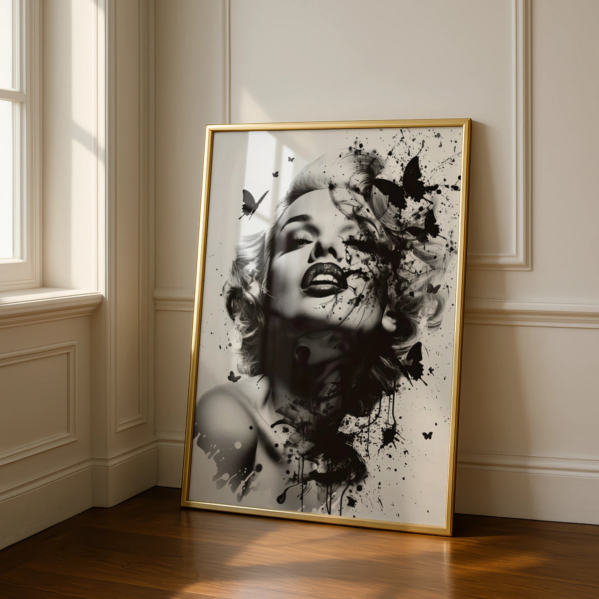 Marilyn Monroe Black White Art Print, Ink Splash Butterfly Portrait Poster, Wall Decor