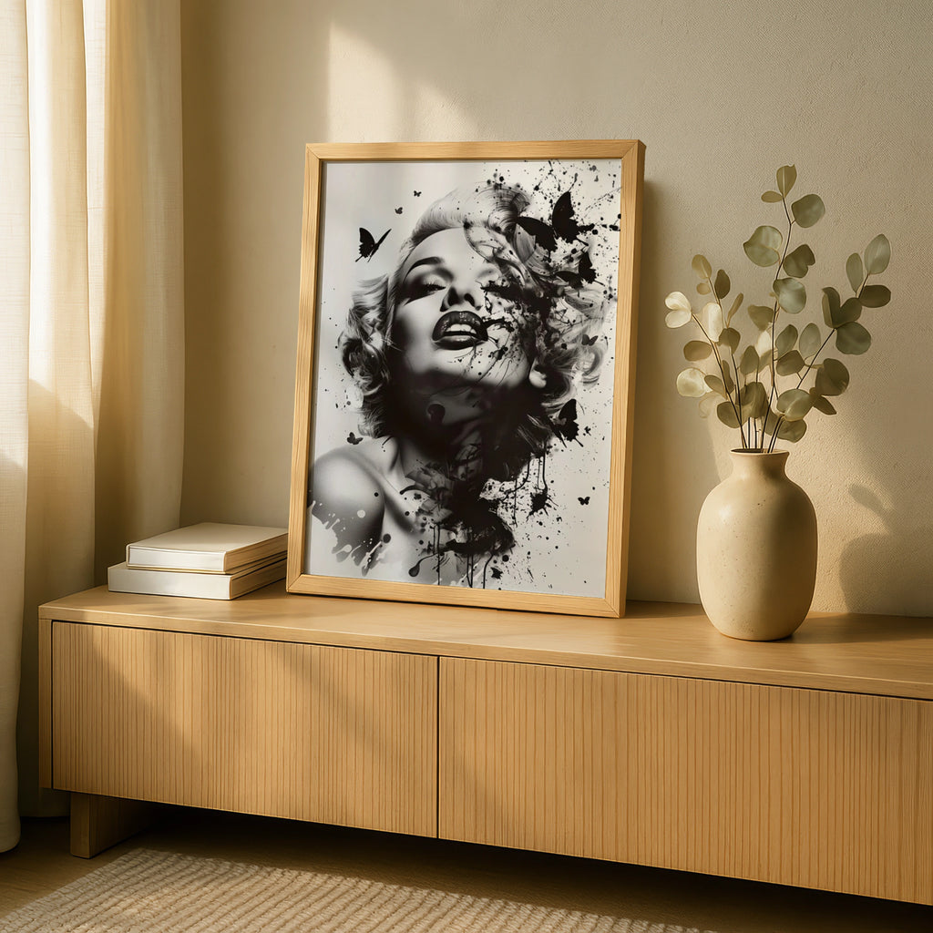 Marilyn Monroe Black White Art Print, Ink Splash Butterfly Portrait Poster, Wall Decor