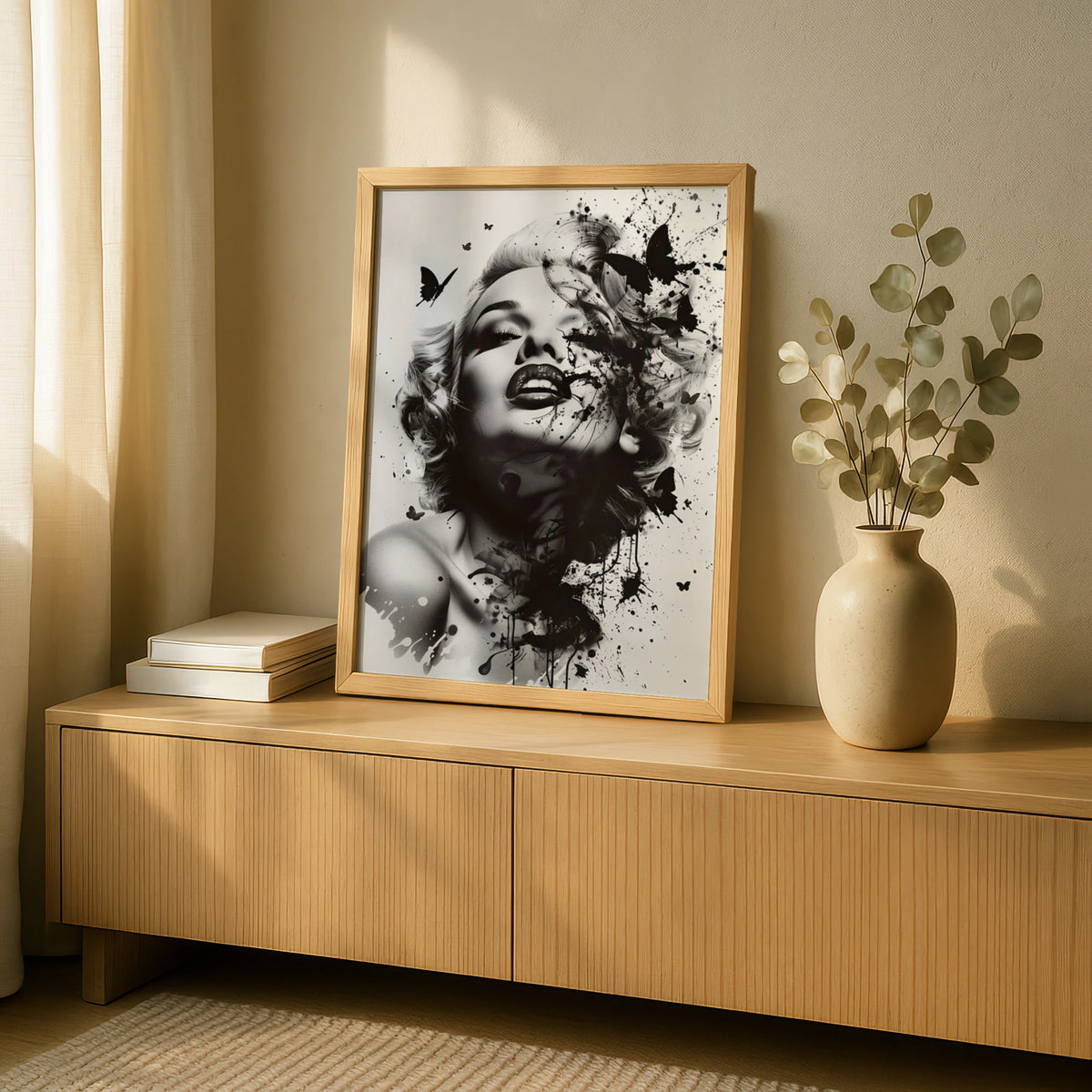 Marilyn Monroe Black White Art Print, Ink Splash Butterfly Portrait Poster, Wall Decor