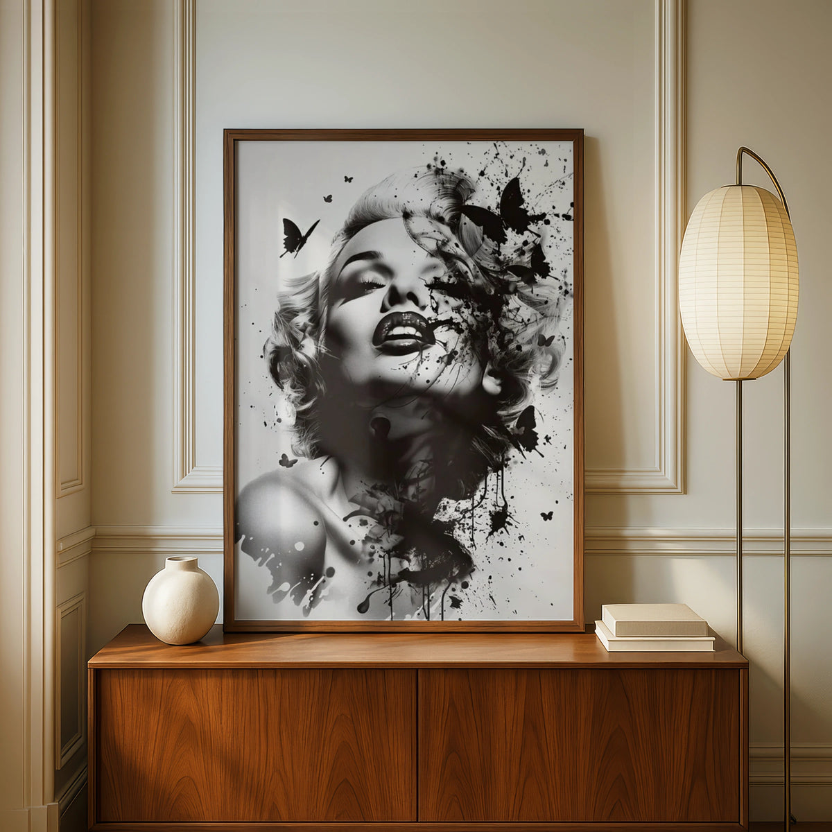 Marilyn Monroe Black White Art Print, Ink Splash Butterfly Portrait Poster, Wall Decor