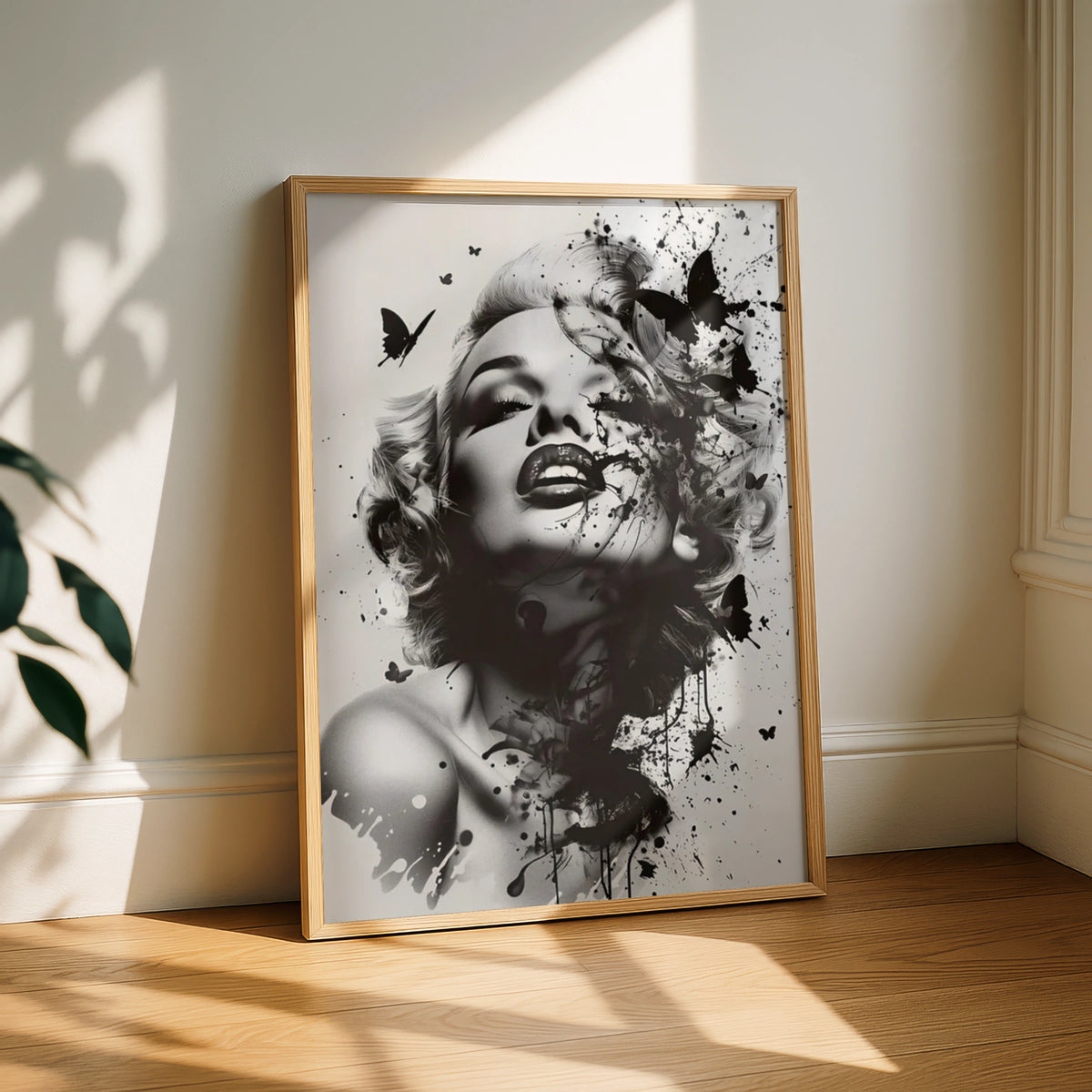 Marilyn Monroe Black White Art Print, Ink Splash Butterfly Portrait Poster, Wall Decor