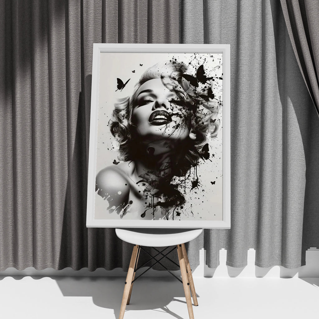Marilyn Monroe Black White Art Print, Ink Splash Butterfly Portrait Poster, Wall Decor