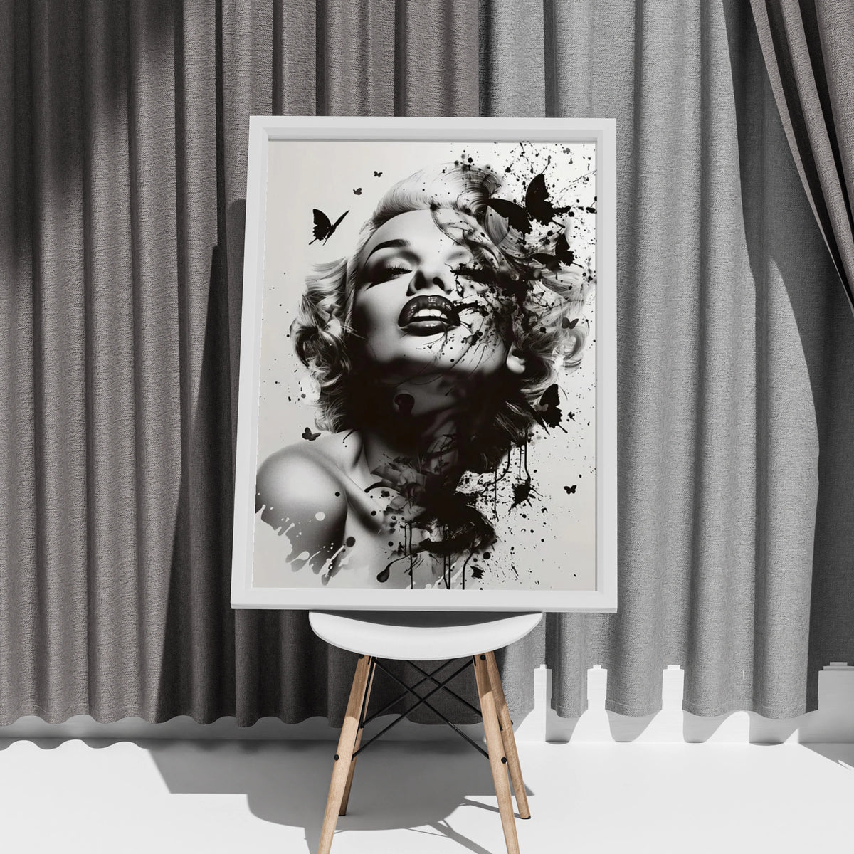 Marilyn Monroe Black White Art Print, Ink Splash Butterfly Portrait Poster, Wall Decor