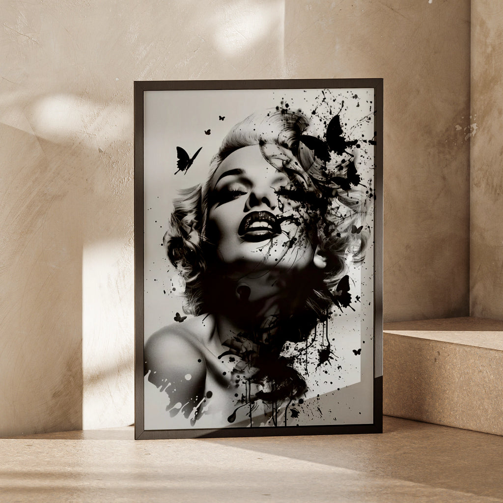 Marilyn Monroe Black White Art Print, Ink Splash Butterfly Portrait Poster, Wall Decor