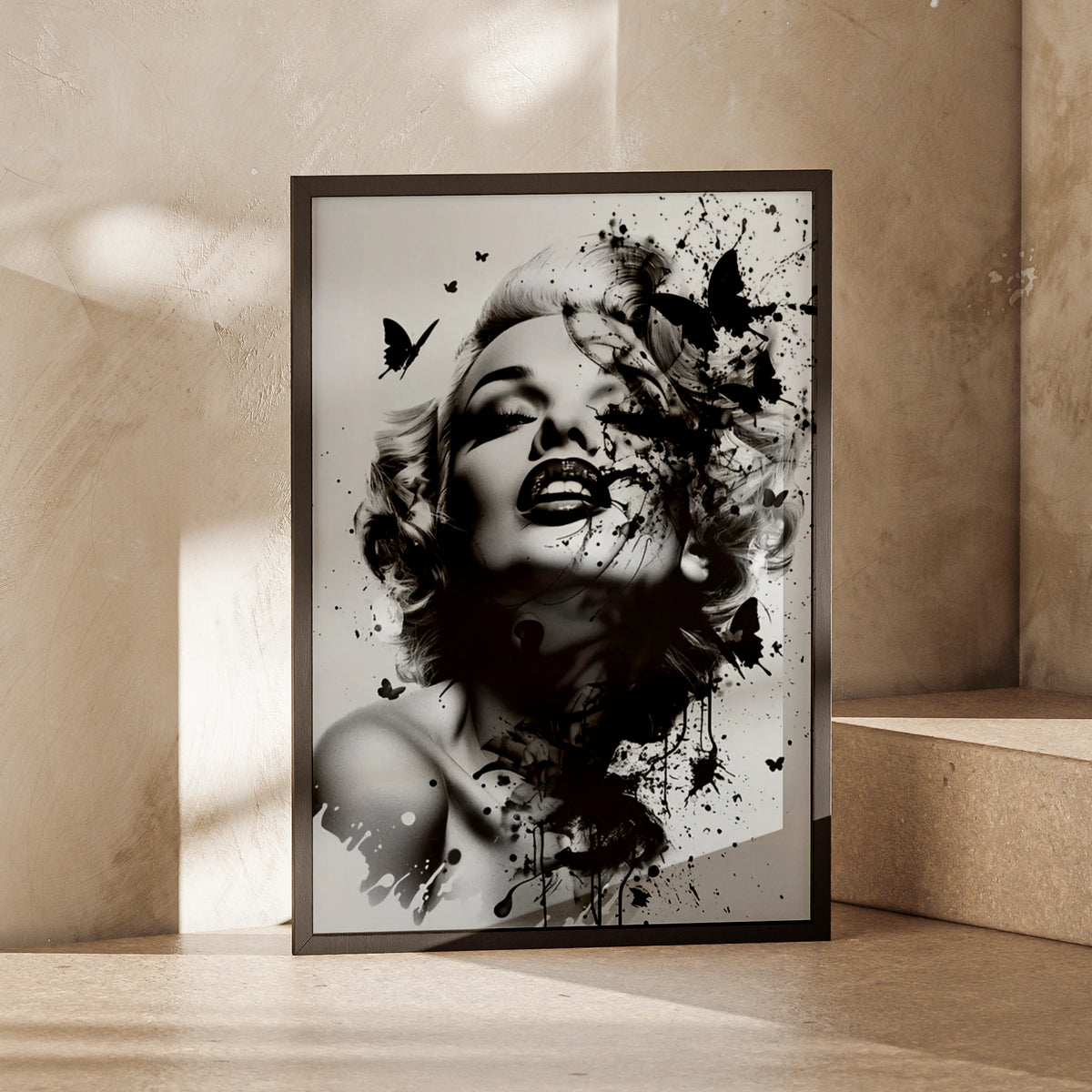 Marilyn Monroe Black White Art Print, Ink Splash Butterfly Portrait Poster, Wall Decor
