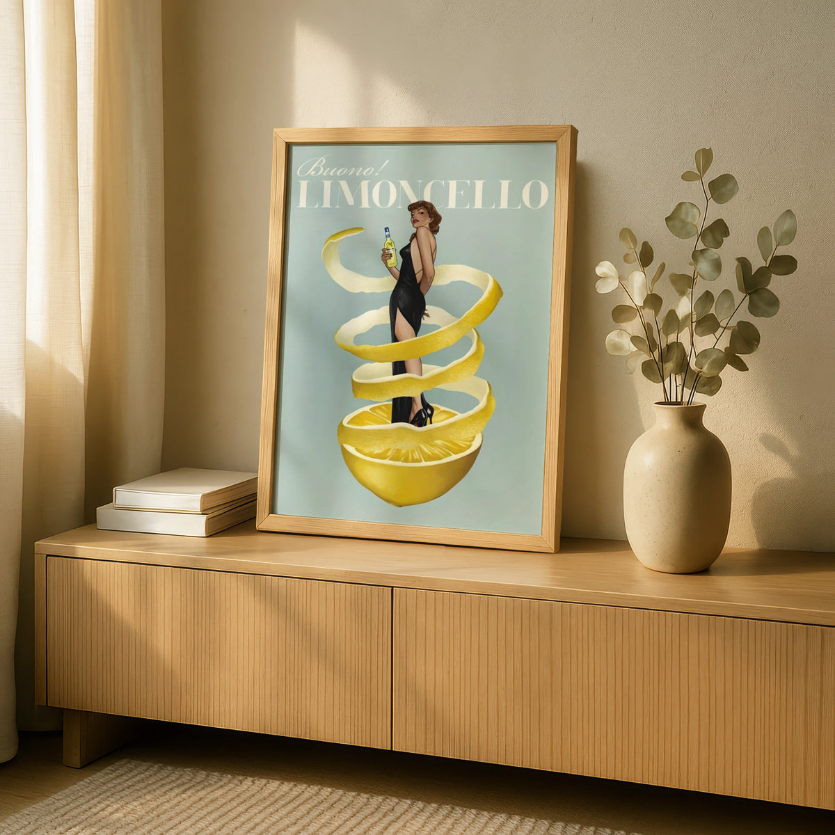 Limoncello Vintage Pin-Up Poster, Italian Liqueur Retro Bar Art, Lemon Kitchen Print