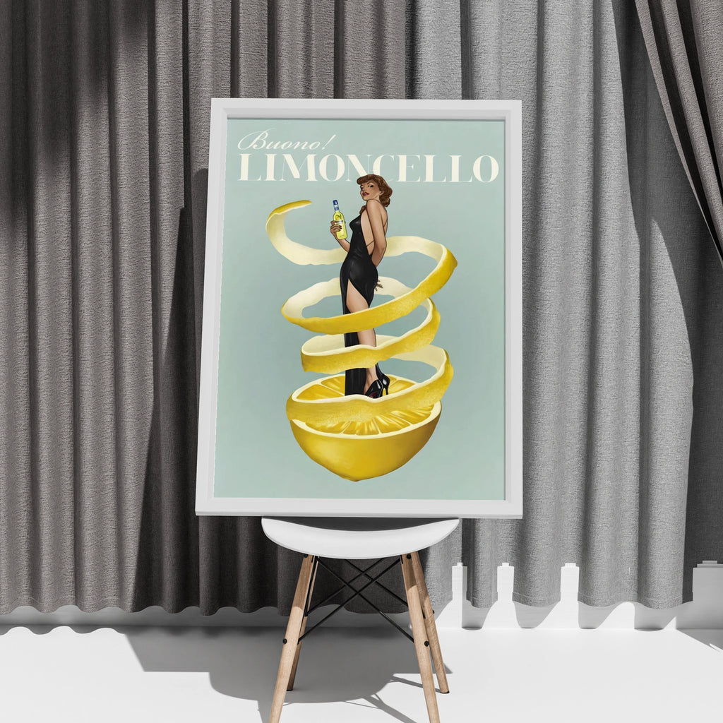 Limoncello Vintage Pin-Up Poster, Italian Liqueur Retro Bar Art, Lemon Kitchen Print