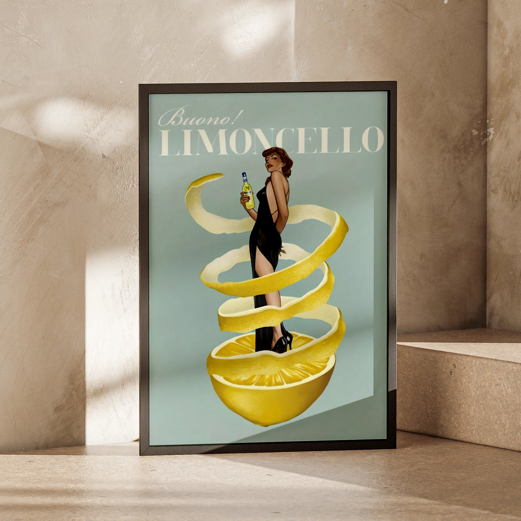 Limoncello Vintage Pin-Up Poster, Italian Liqueur Retro Bar Art, Lemon Kitchen Print