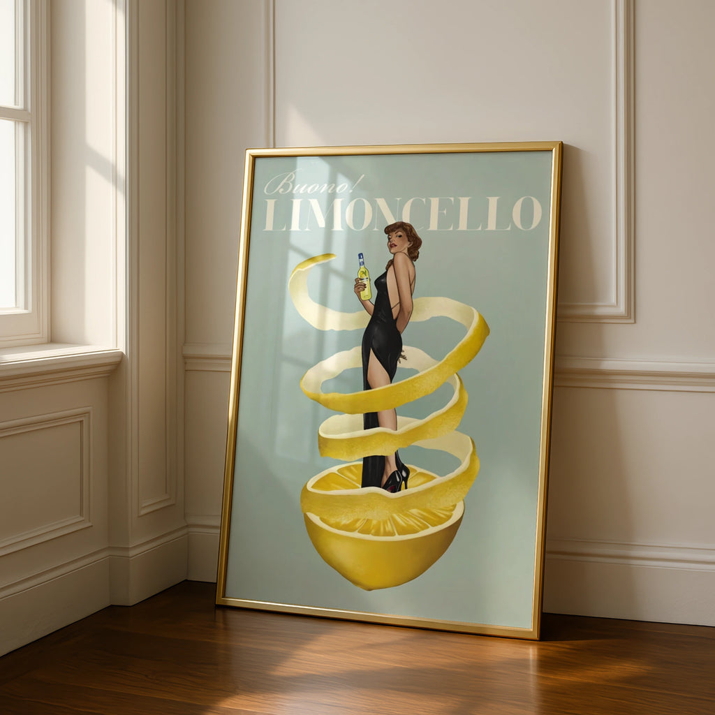 Limoncello Vintage Pin-Up Poster, Italian Liqueur Retro Bar Art, Lemon Kitchen Print