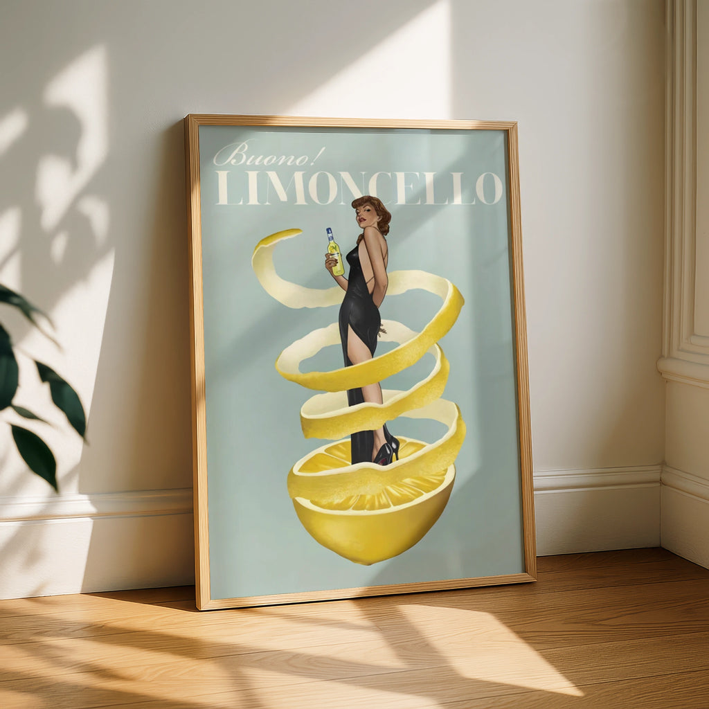 Limoncello Vintage Pin-Up Poster, Italian Liqueur Retro Bar Art, Lemon Kitchen Print