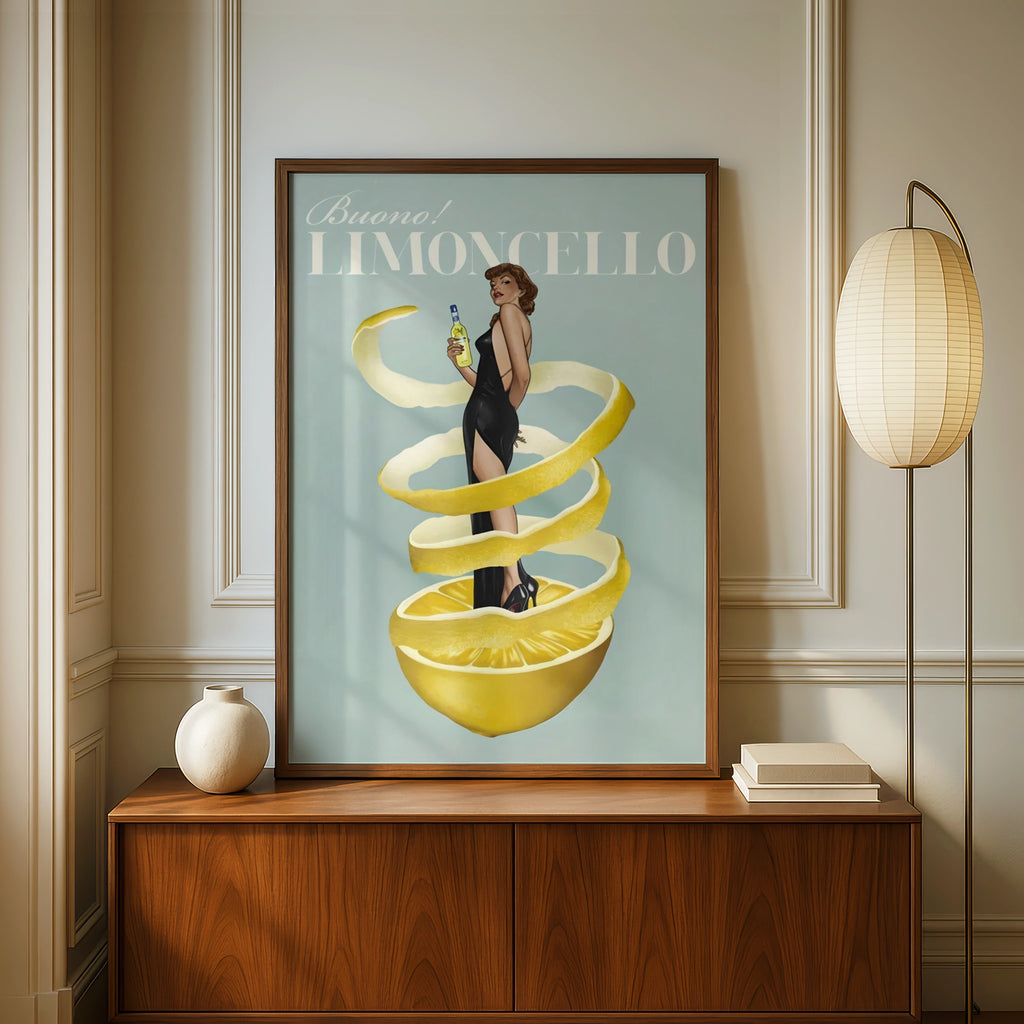 Limoncello Vintage Pin-Up Poster, Italian Liqueur Retro Bar Art, Lemon Kitchen Print