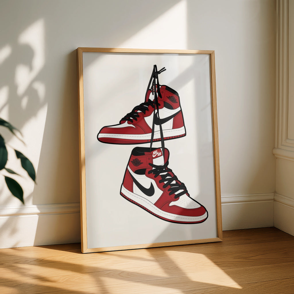 Jordan 1 Sneaker Poster, Red White Black Trainers Wall Art, Sneakerhead Print