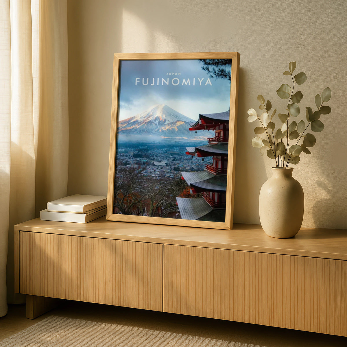 Mount Fuji Fujinomiya Japan Travel Poster, Red Pagoda Wall Art, Japanese Print