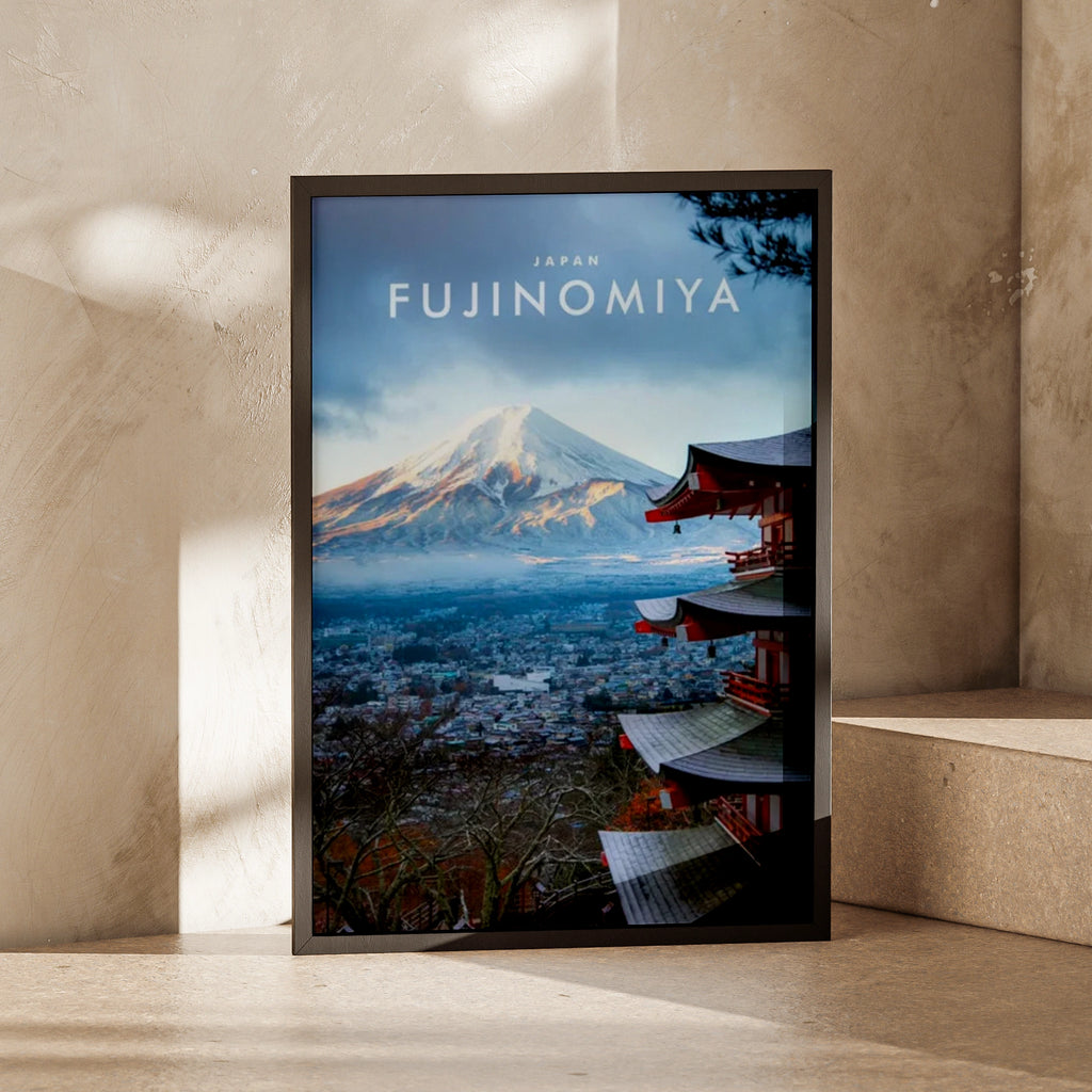 Mount Fuji Fujinomiya Japan Travel Poster, Red Pagoda Wall Art, Japanese Print