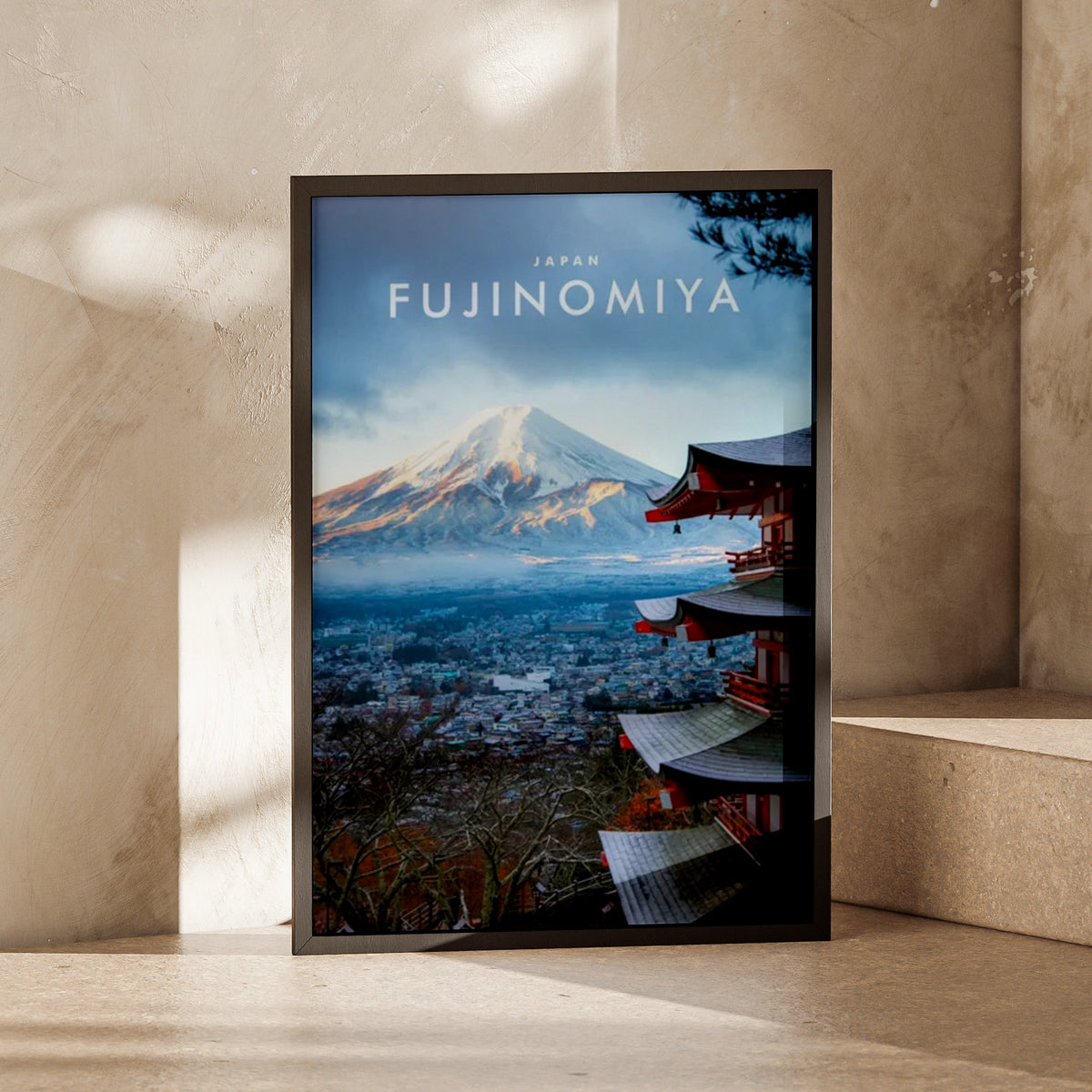 Mount Fuji Fujinomiya Japan Travel Poster, Red Pagoda Wall Art, Japanese Print