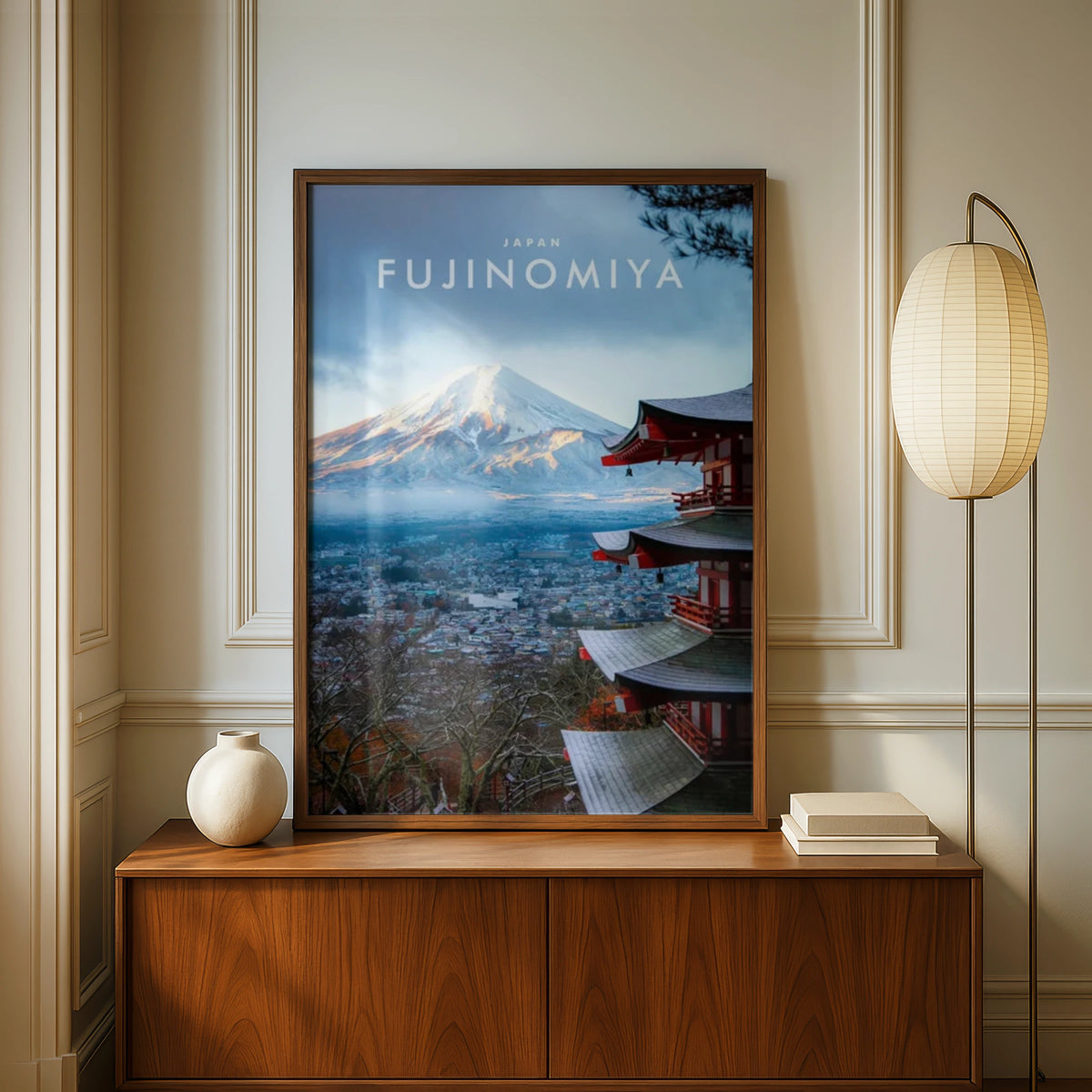 Mount Fuji Fujinomiya Japan Travel Poster, Red Pagoda Wall Art, Japanese Print