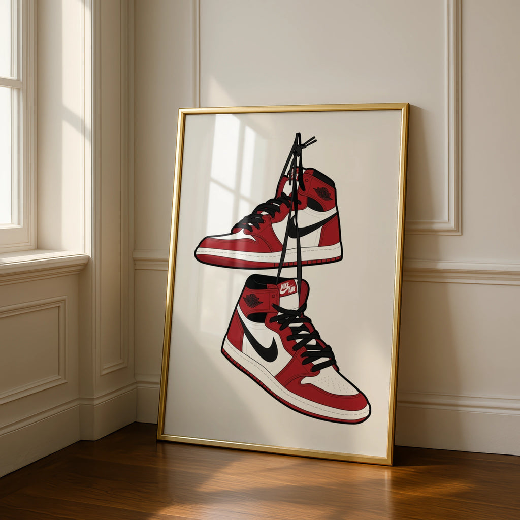 Jordan 1 Sneaker Poster, Red White Black Trainers Wall Art, Sneakerhead Print