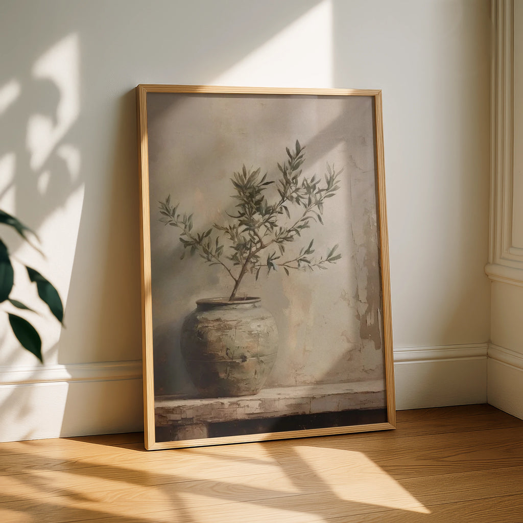 Olive Tree Art Print, Rustic Botanical Poster, Neutral Earthy Tones, Vintage Still Life Wall Art