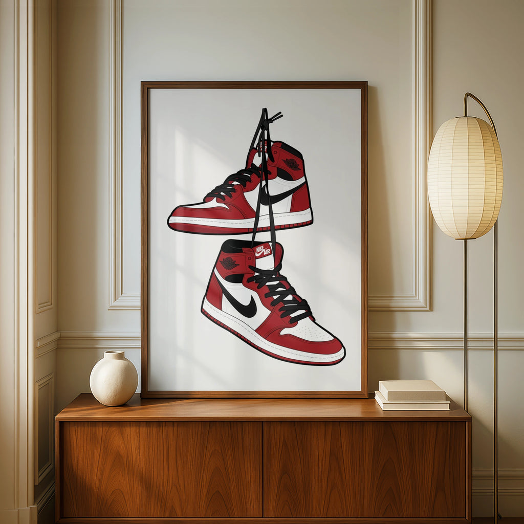 Jordan 1 Sneaker Poster, Red White Black Trainers Wall Art, Sneakerhead Print