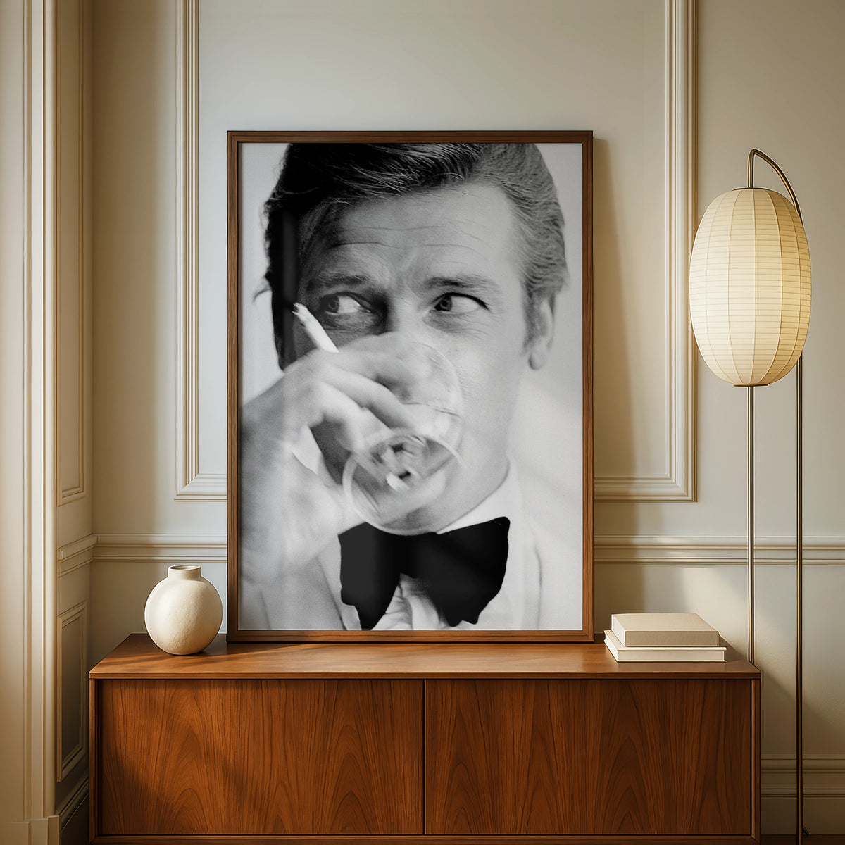 Spy Style Black White Portrait Poster, Tuxedo Bow Tie Man, Retro Cinema Wall Art Print
