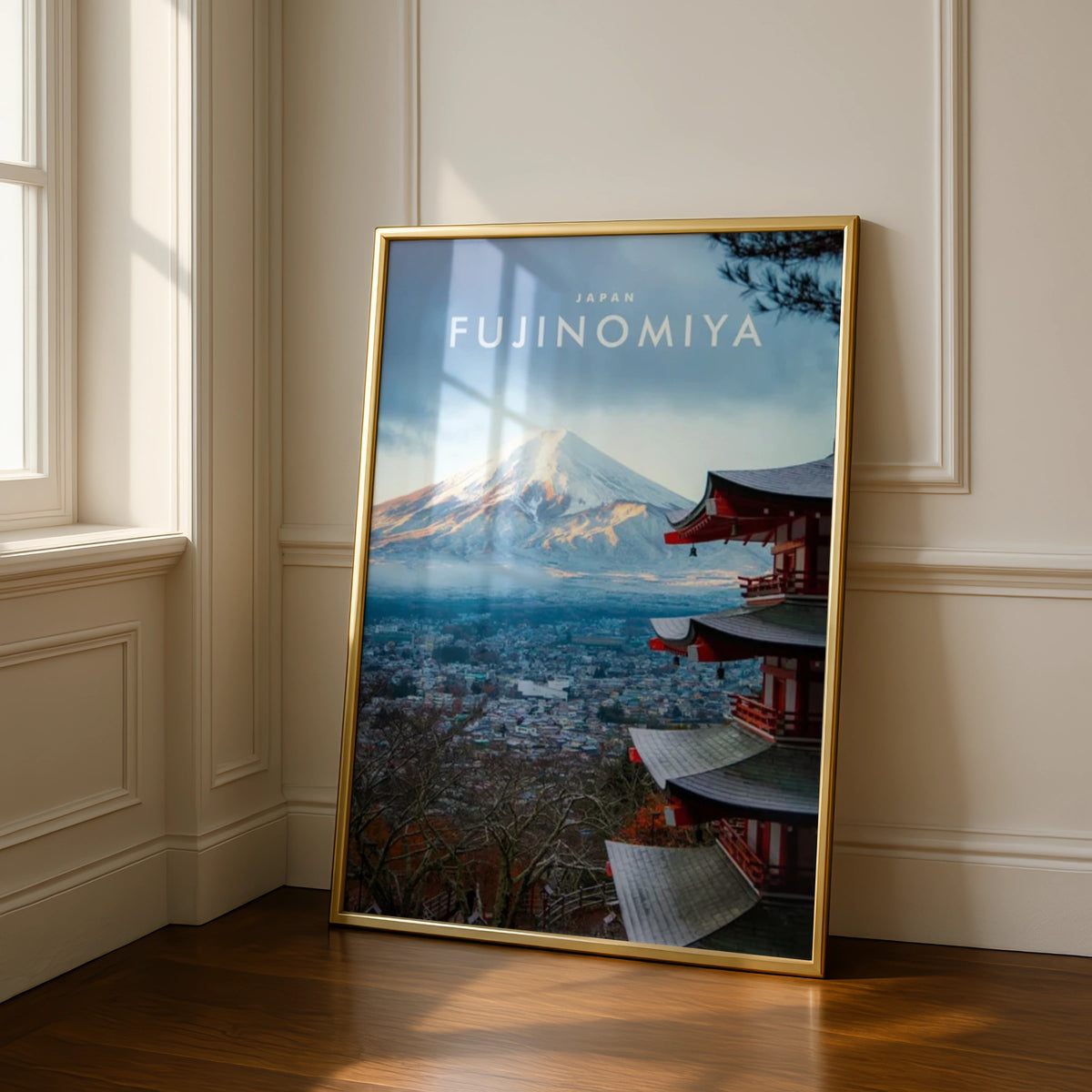 Mount Fuji Fujinomiya Japan Travel Poster, Red Pagoda Wall Art, Japanese Print
