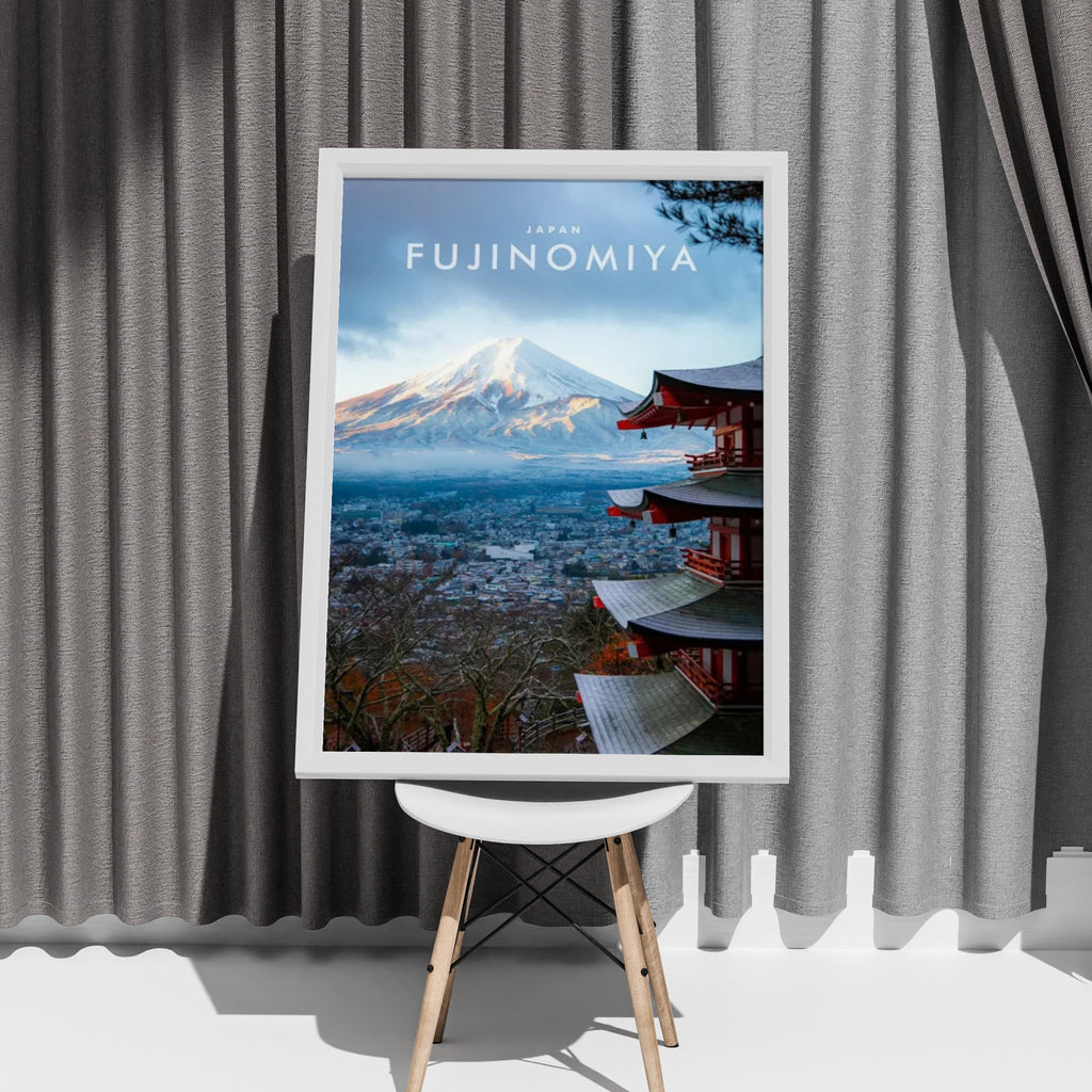 Mount Fuji Fujinomiya Japan Travel Poster, Red Pagoda Wall Art, Japanese Print