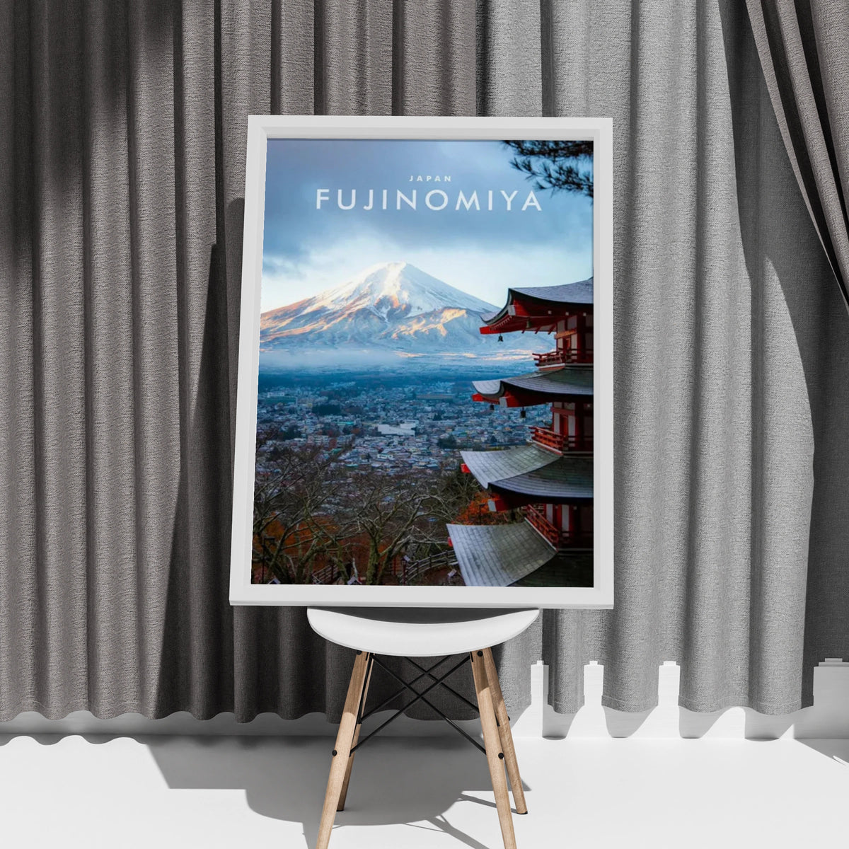 Mount Fuji Fujinomiya Japan Travel Poster, Red Pagoda Wall Art, Japanese Print