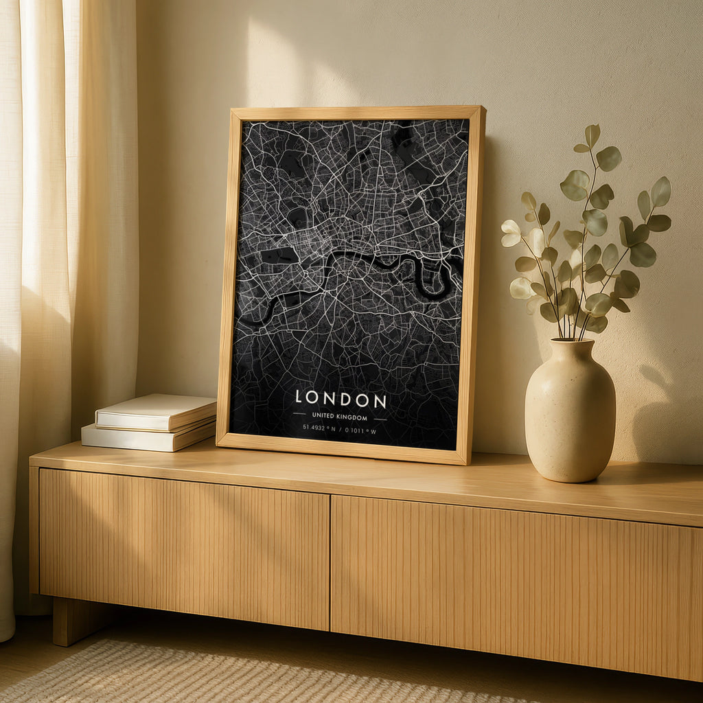 London City Map Print, Dark Minimalist Wall Art, Black UK Street Map Poster