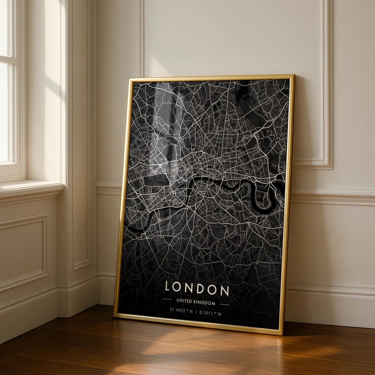 London City Map Print, Dark Minimalist Wall Art, Black UK Street Map Poster