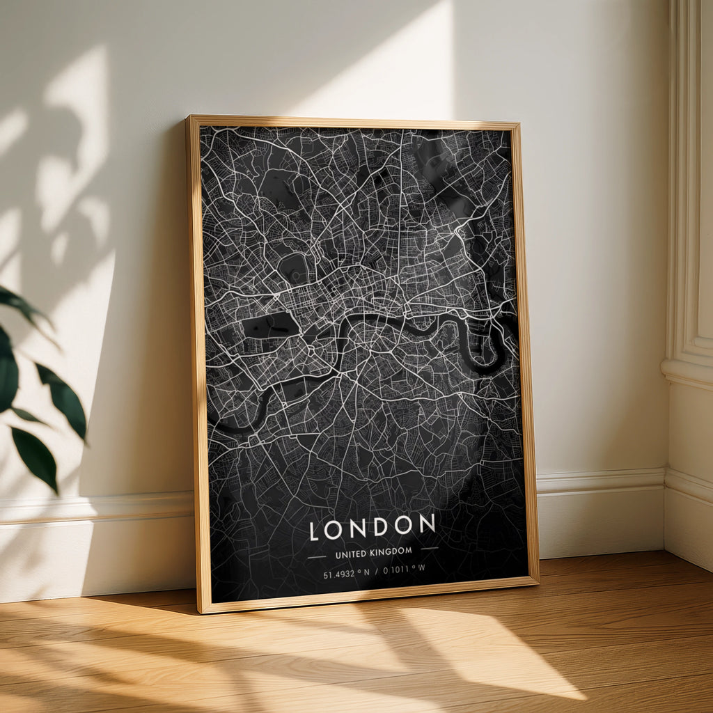 London City Map Print, Dark Minimalist Wall Art, Black UK Street Map Poster