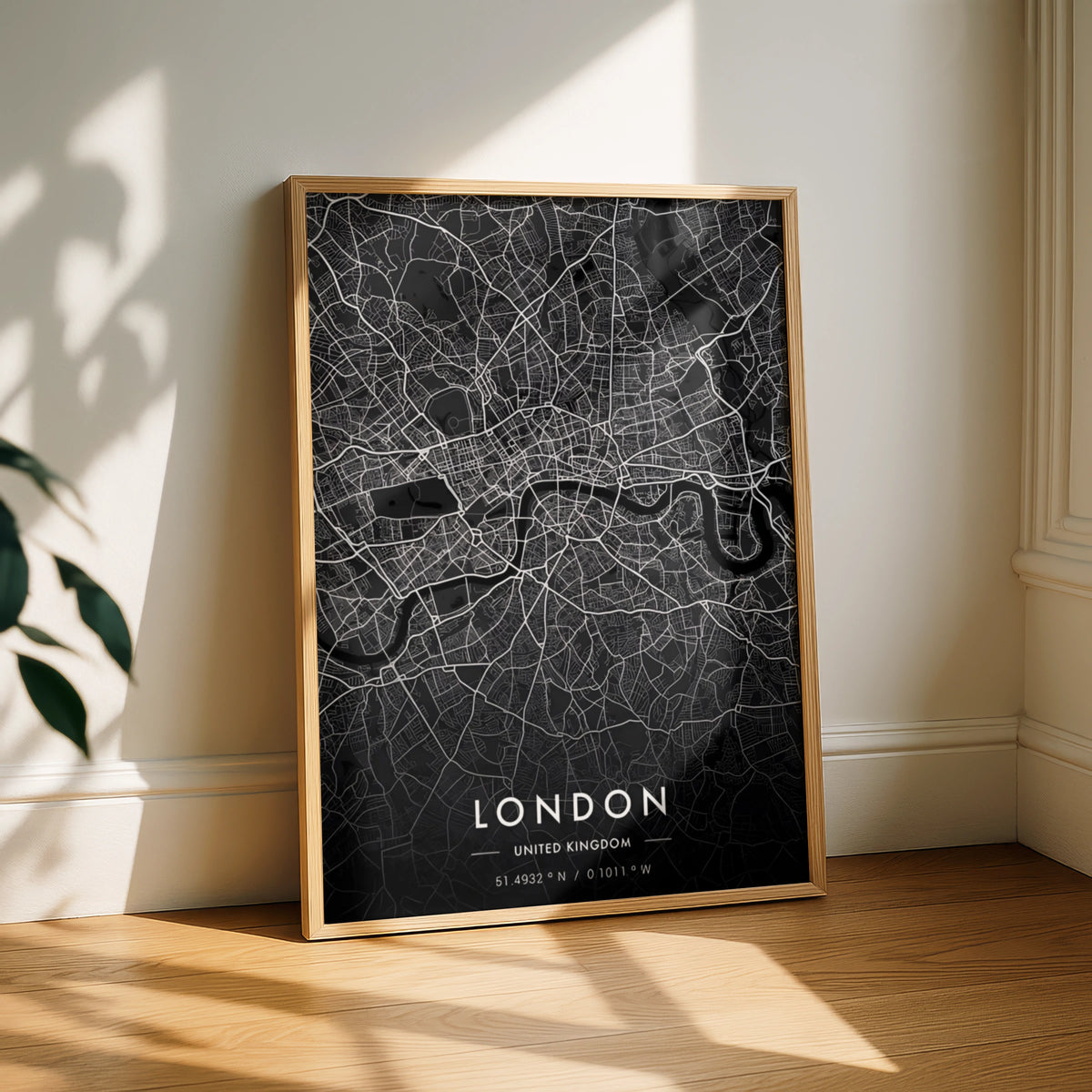 London City Map Print, Dark Minimalist Wall Art, Black UK Street Map Poster