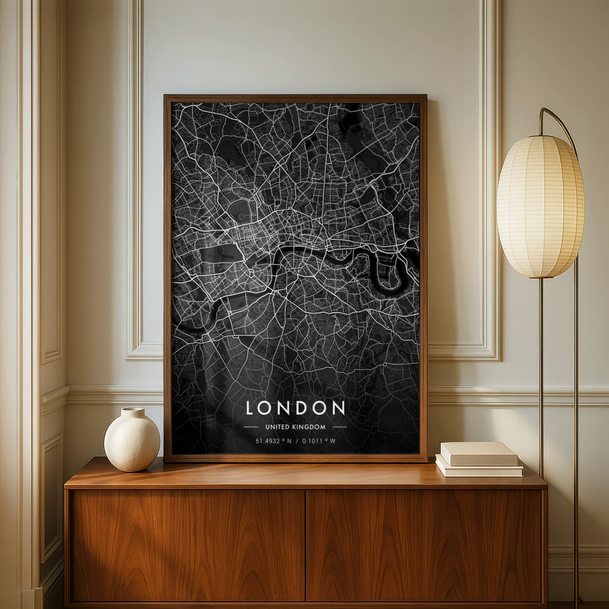 London City Map Print, Dark Minimalist Wall Art, Black UK Street Map Poster