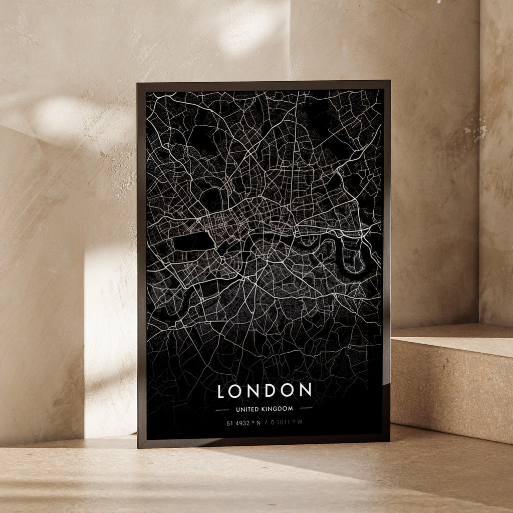 London City Map Print, Dark Minimalist Wall Art, Black UK Street Map Poster