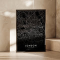 London City Map Print, Dark Minimalist Wall Art, Black UK Street Map Poster