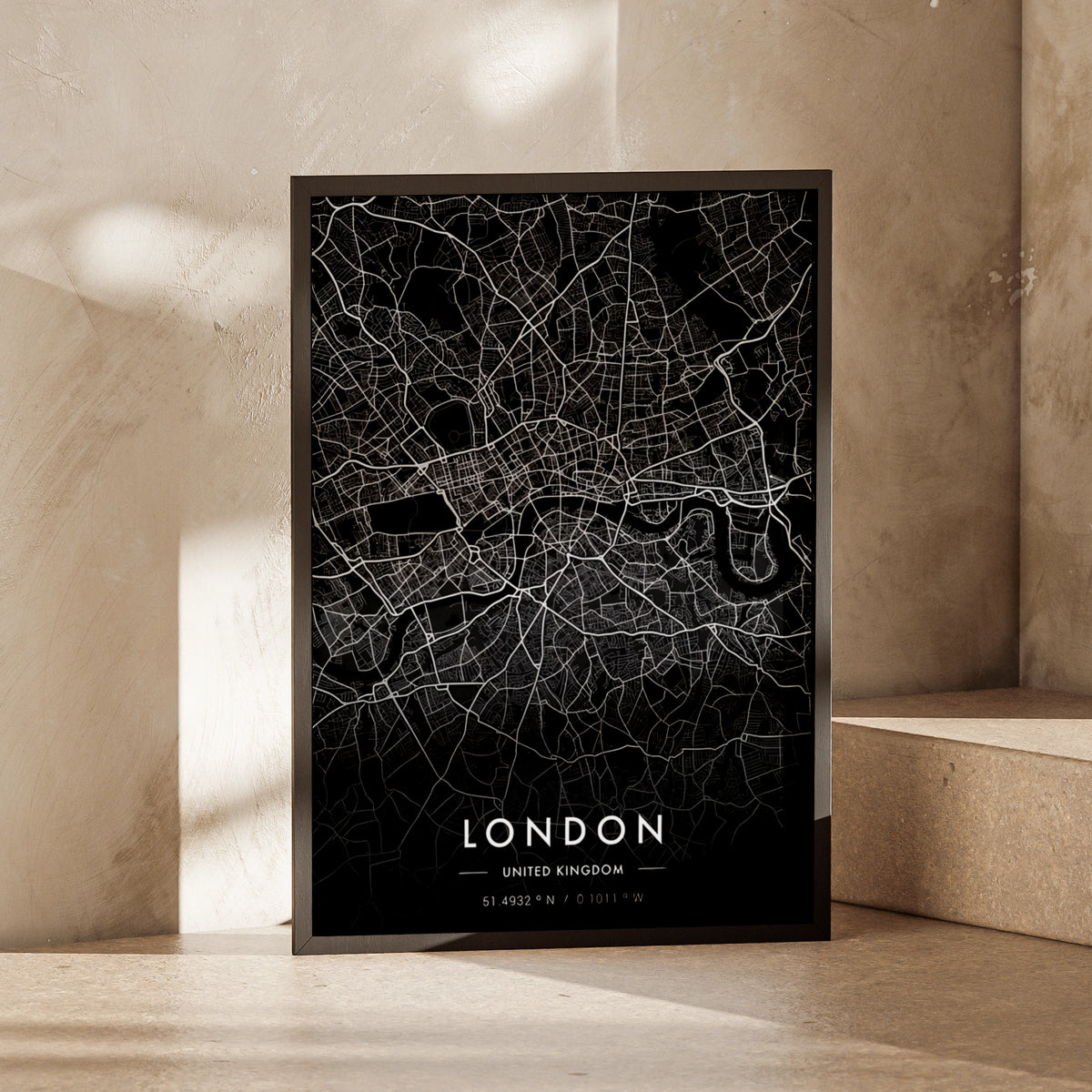 London City Map Print, Dark Minimalist Wall Art, Black UK Street Map Poster