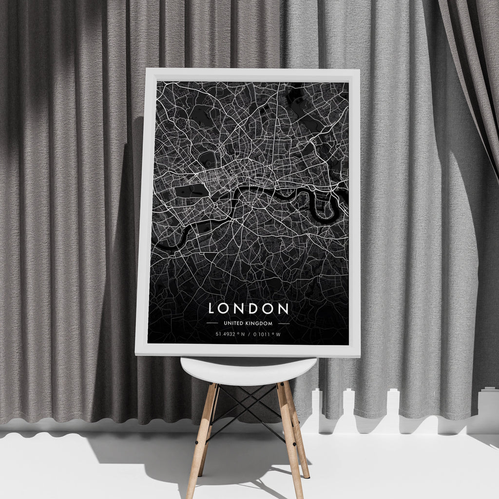 London City Map Print, Dark Minimalist Wall Art, Black UK Street Map Poster