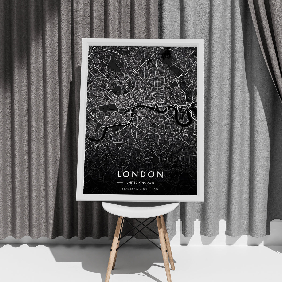 London City Map Print, Dark Minimalist Wall Art, Black UK Street Map Poster