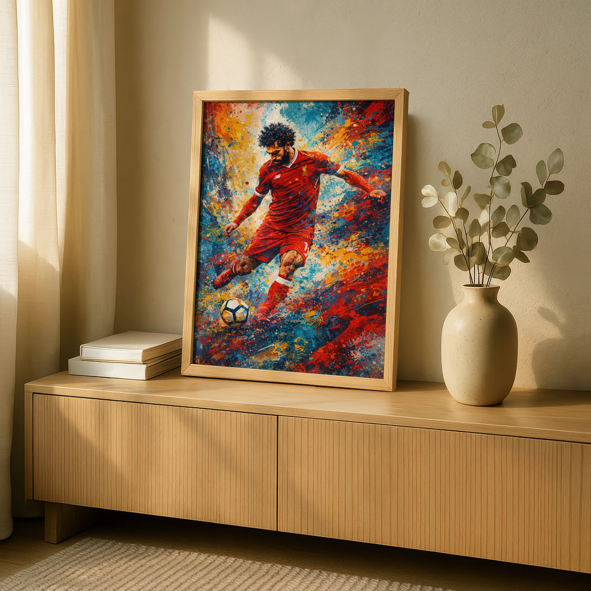 Mohamed Salah Football Poster, Paint Splash Art Print, Liverpool Red Kit Wall Decor