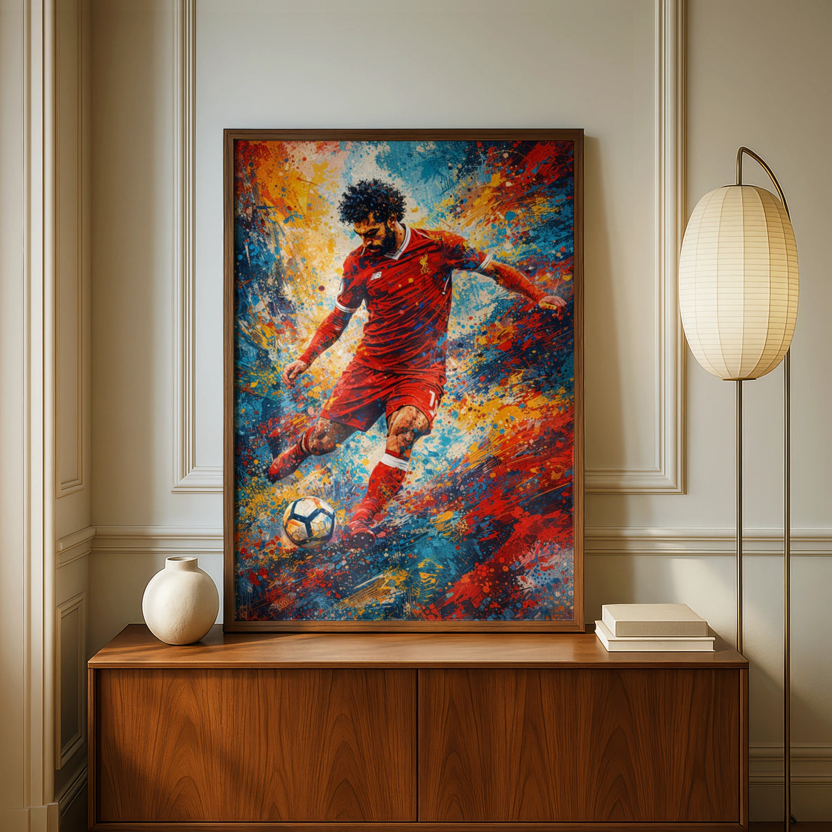 Mohamed Salah Football Poster, Paint Splash Art Print, Liverpool Red Kit Wall Decor