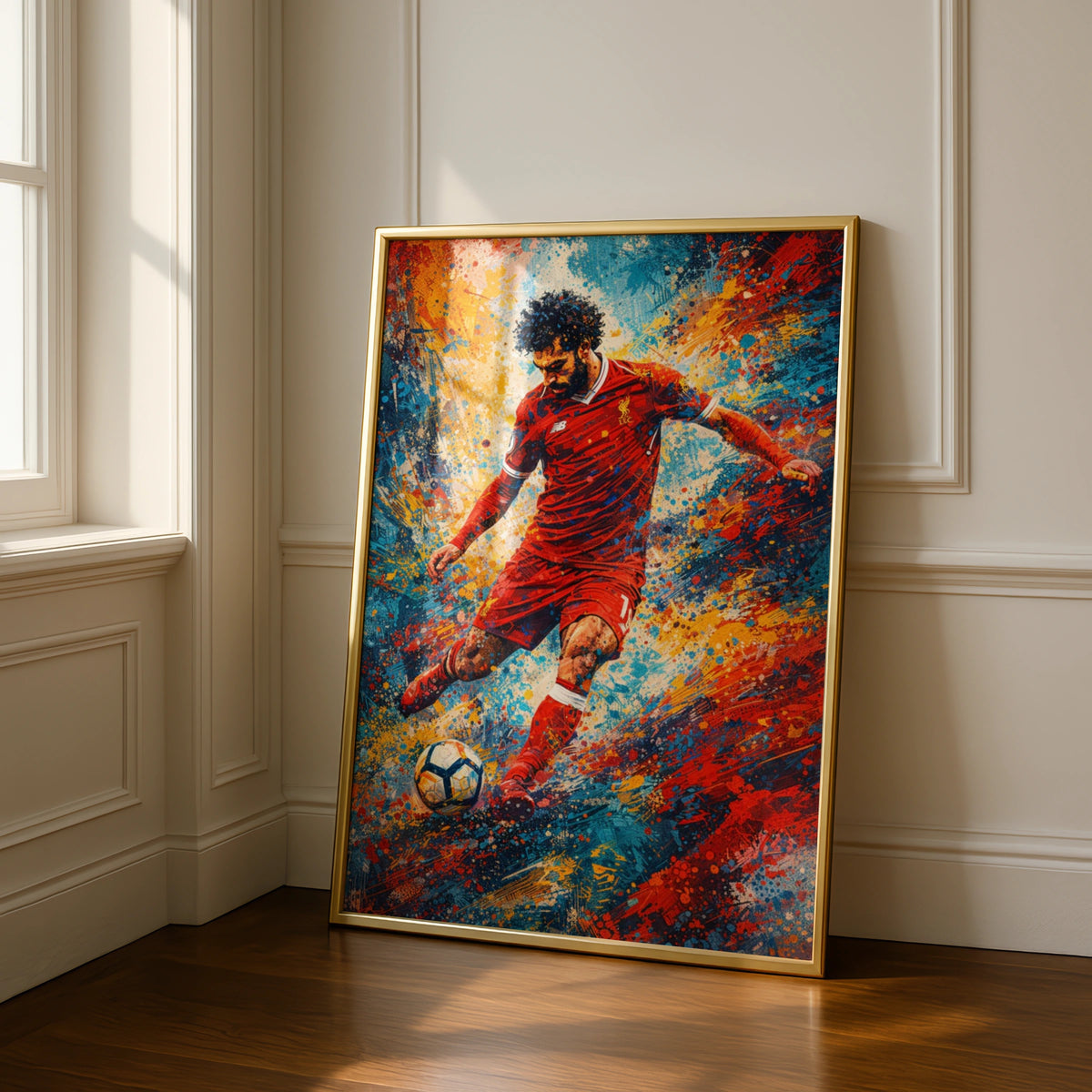 Mohamed Salah Football Poster, Paint Splash Art Print, Liverpool Red Kit Wall Decor