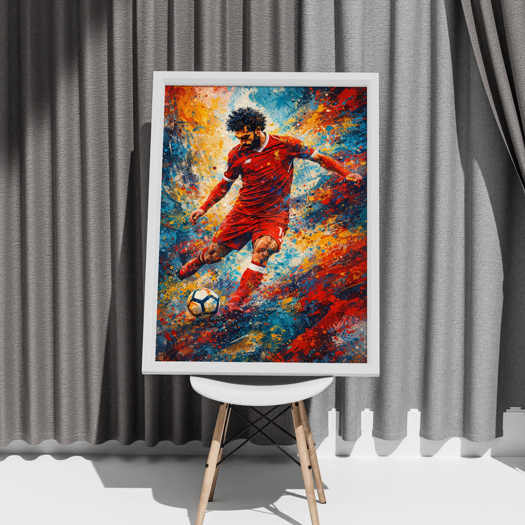 Mohamed Salah Football Poster, Paint Splash Art Print, Liverpool Red Kit Wall Decor
