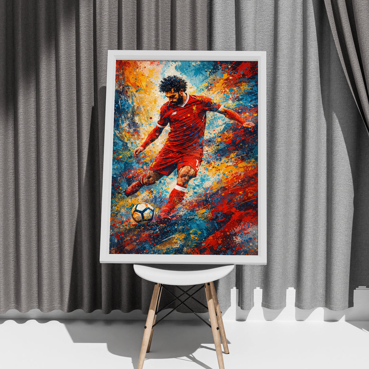 Mohamed Salah Football Poster, Paint Splash Art Print, Liverpool Red Kit Wall Decor