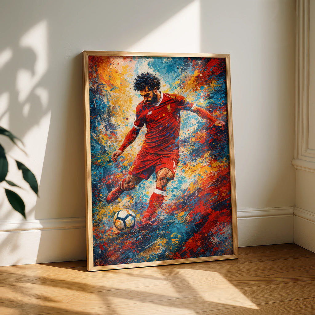 Mohamed Salah Football Poster, Paint Splash Art Print, Liverpool Red Kit Wall Decor