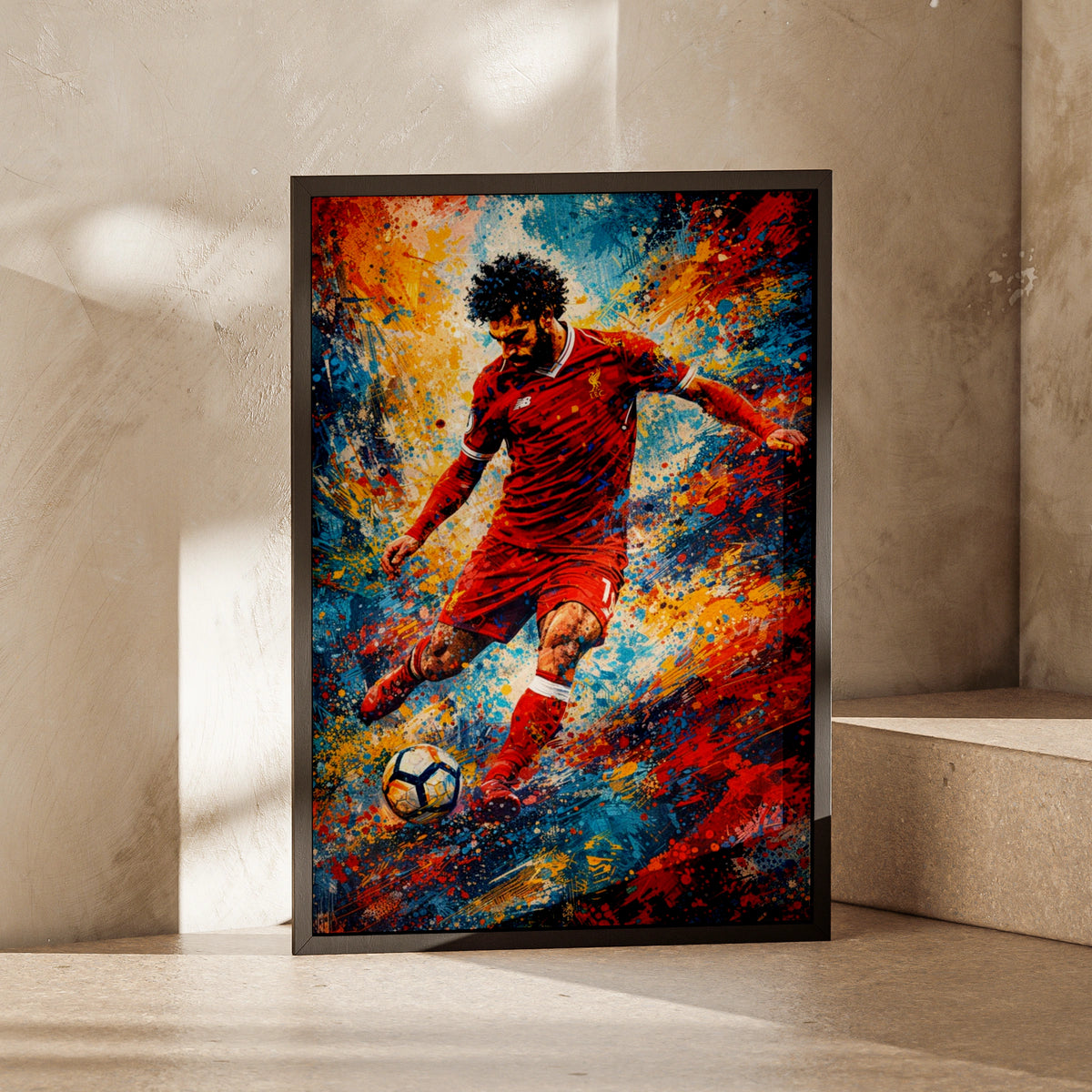 Mohamed Salah Football Poster, Paint Splash Art Print, Liverpool Red Kit Wall Decor