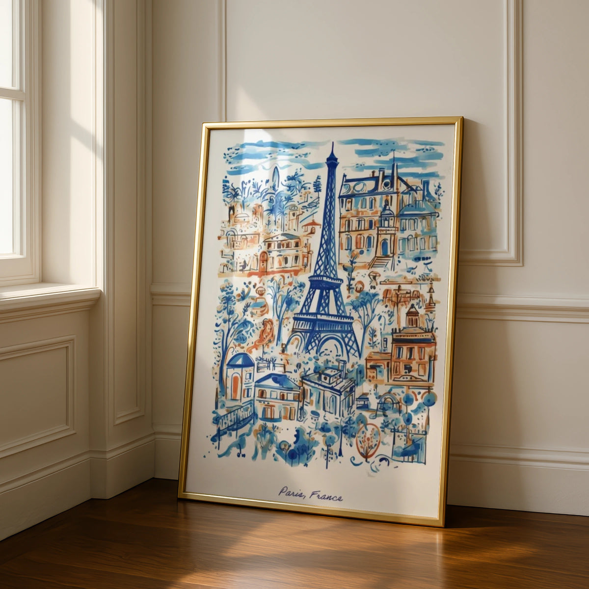 Paris France Eiffel Tower Poster, Watercolour Blue Wall Art, French City Print
