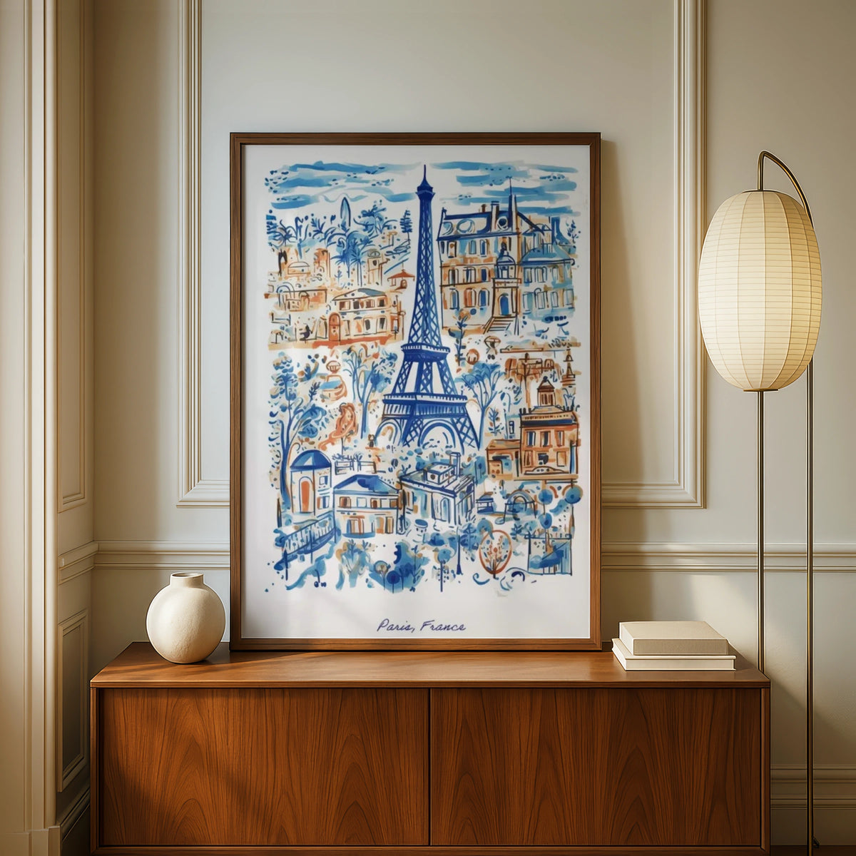 Paris France Eiffel Tower Poster, Watercolour Blue Wall Art, French City Print